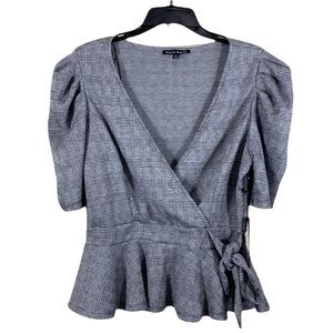 Haute Monde Checker Print Puff Sleeve Peplum Faux Wrap Top